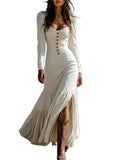 Retro Western Style Button Pleated Long Sleeve Sexy Dress