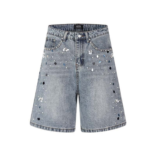 Handmade beaded washed denim shorts