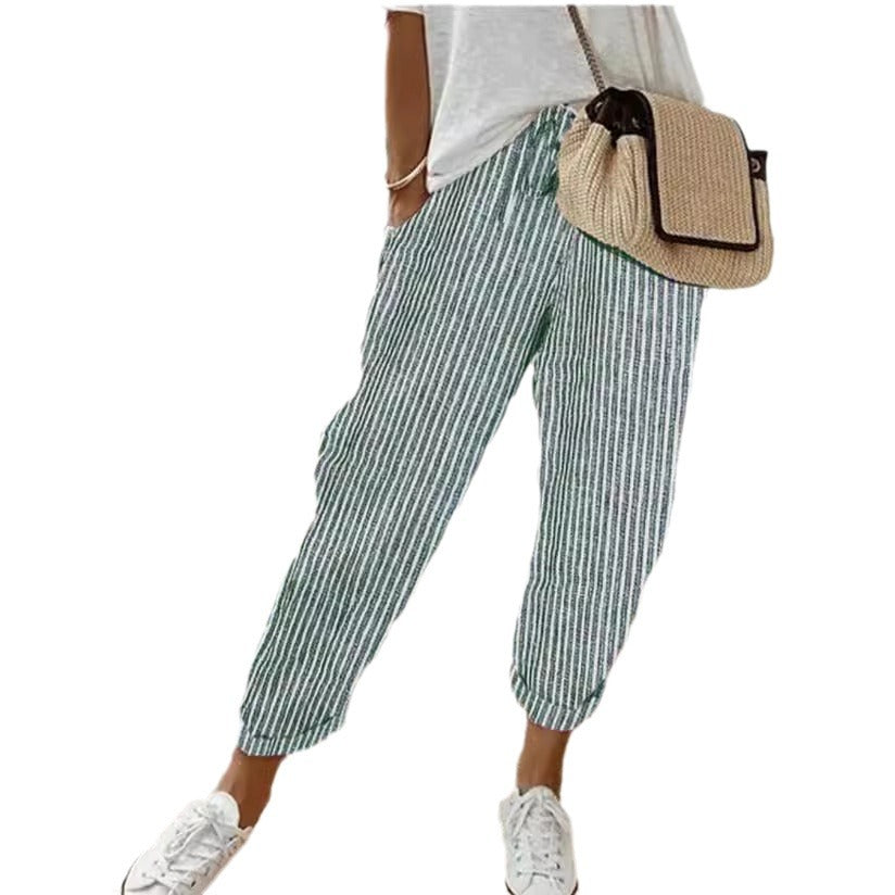 Pantalon décontracté d'été à rayures, ample, taille élastique pour femme