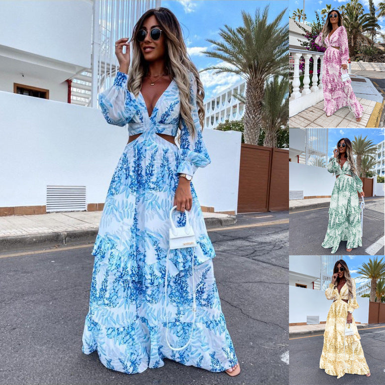 Elegante vestido largo de mujer con escote en V, ahuecado, manga larga, estampado de plantas, primavera verano