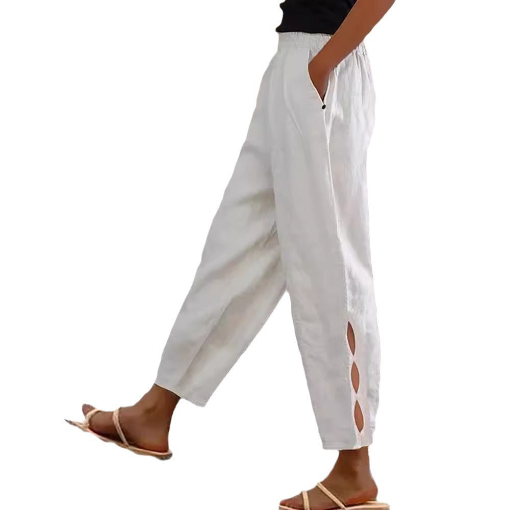 Pantalon d'été pour femme, détails creux à la cheville, avec boutons à l'ourlet