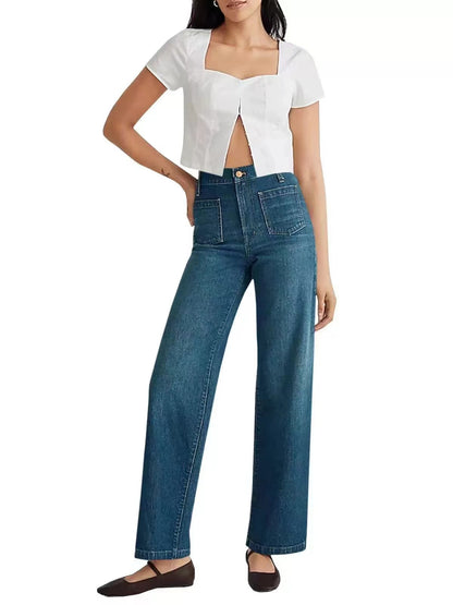Jean Femme Lavé Jambe Large Poche Carrée