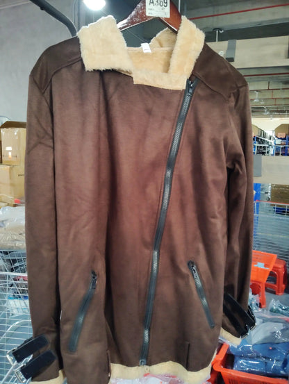 AdTec brown suede women's jacket with cream shearling collar; diagonal front zipper and zip pockets