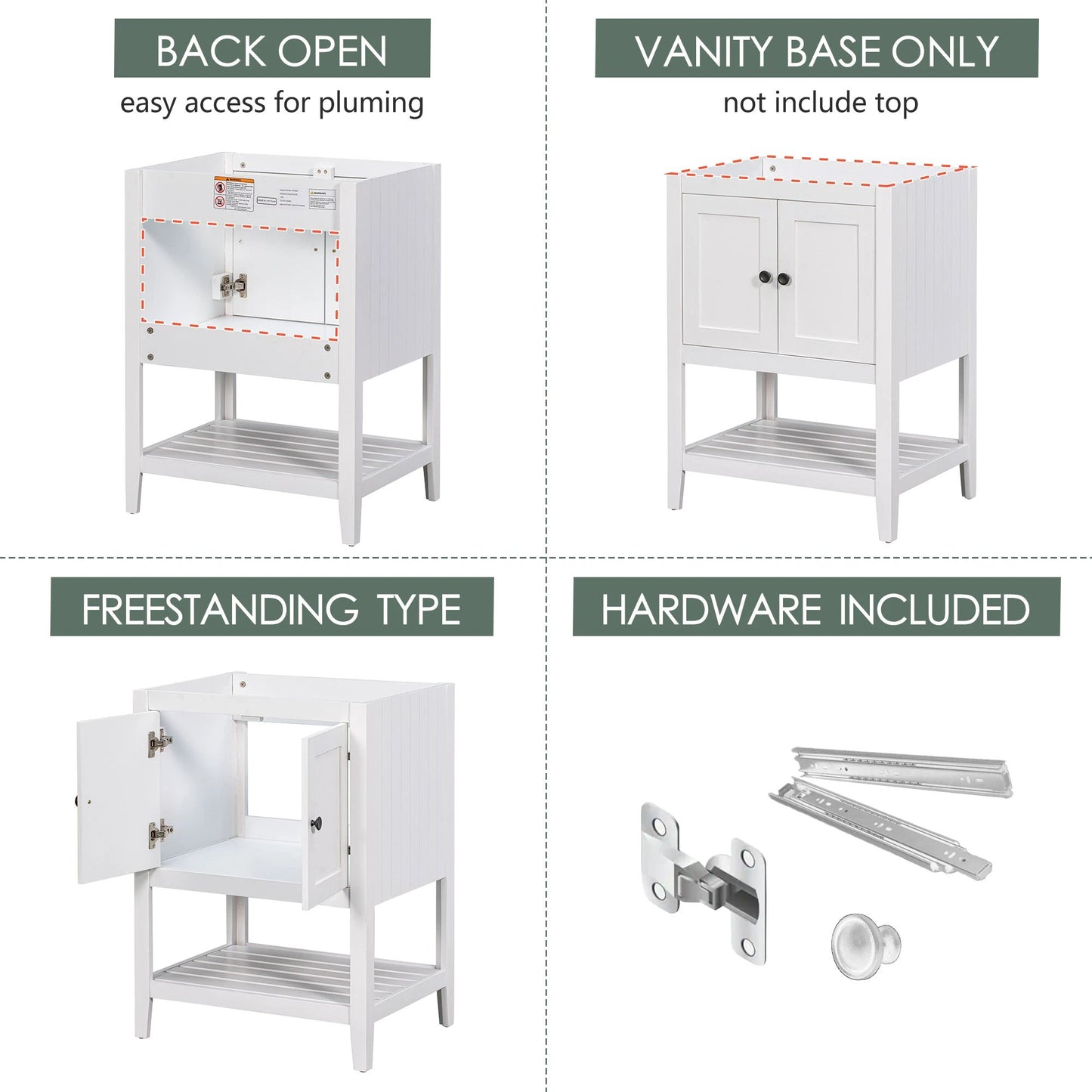 24" Bathroom Vanity Base Only, Soild Wood Frame, Bathroom Storage Cabinet by eprolo