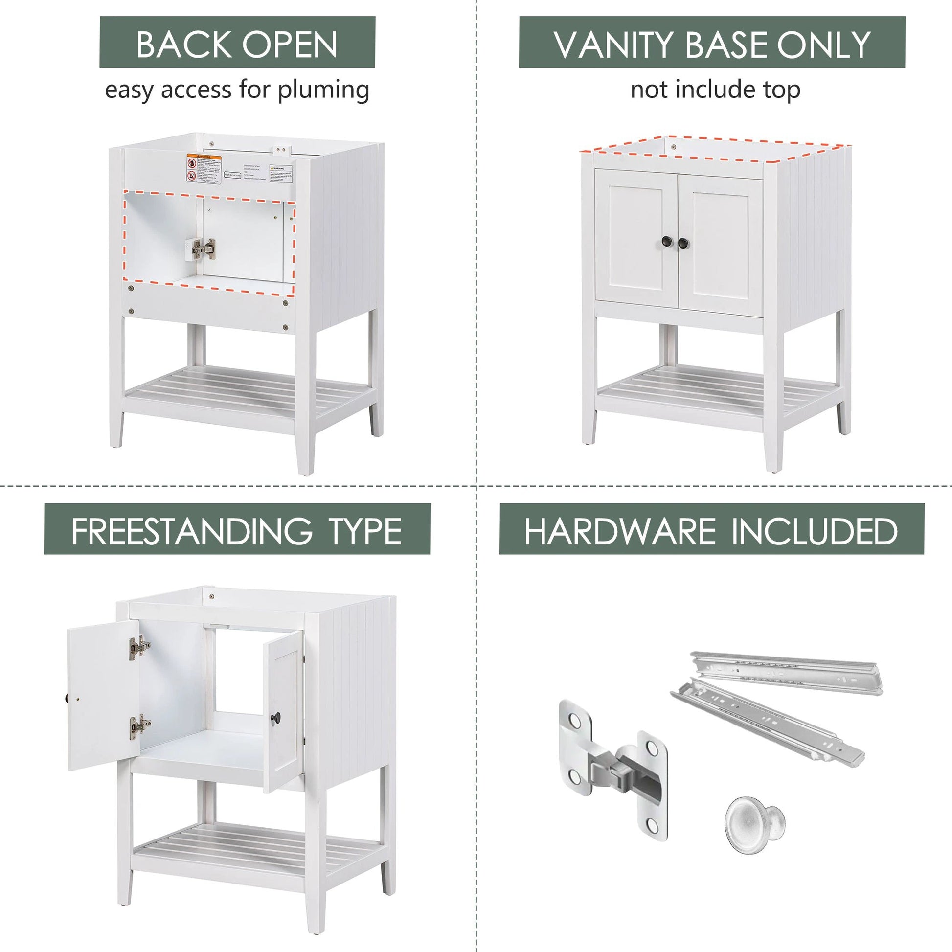 24" Bathroom Vanity Base Only, Soild Wood Frame, Bathroom Storage Cabinet by eprolo