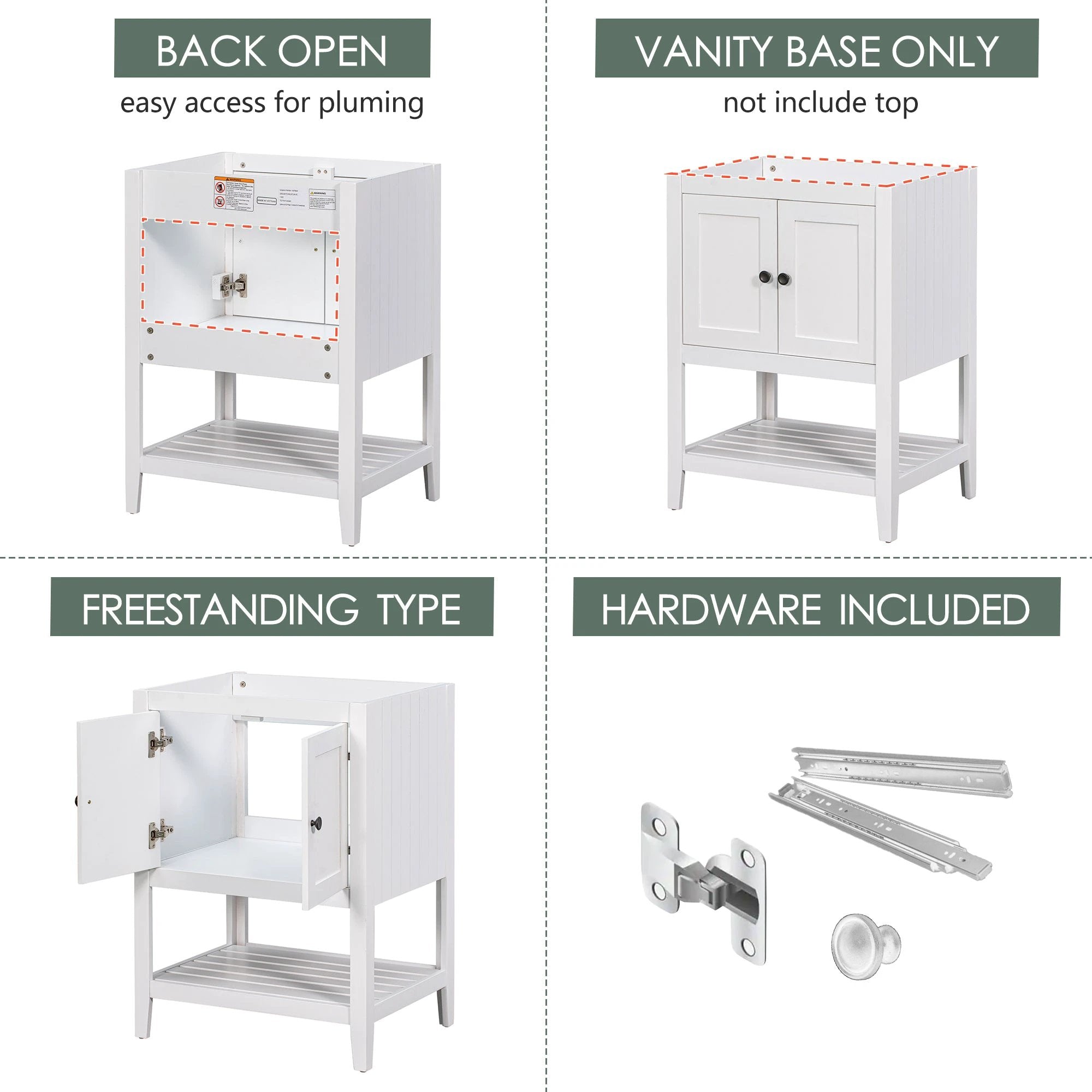 24" Bathroom Vanity Base Only, Soild Wood Frame, Bathroom Storage Cabinet by eprolo