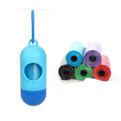 Dog poop bag dispenser by AdTec with blue body and strap; six color bag rolls shown.