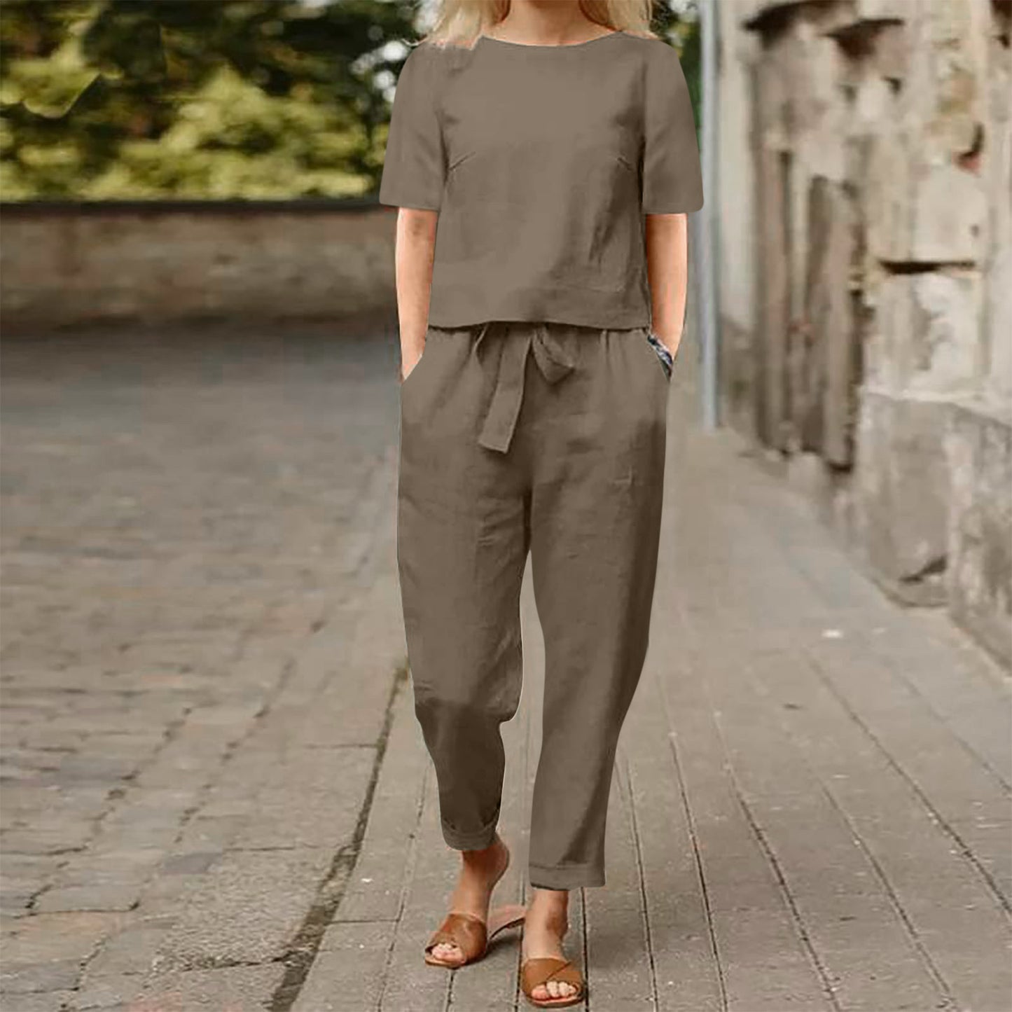 Ensemble pantalon large en coton et lin pour femme