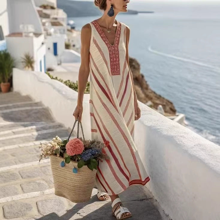 Robe sans manches rayée à encolure en V, imprimé style vacances