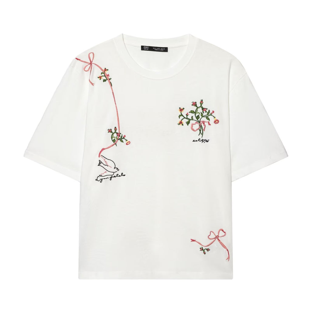 T-shirt brodé fleuri décontracté et polyvalent