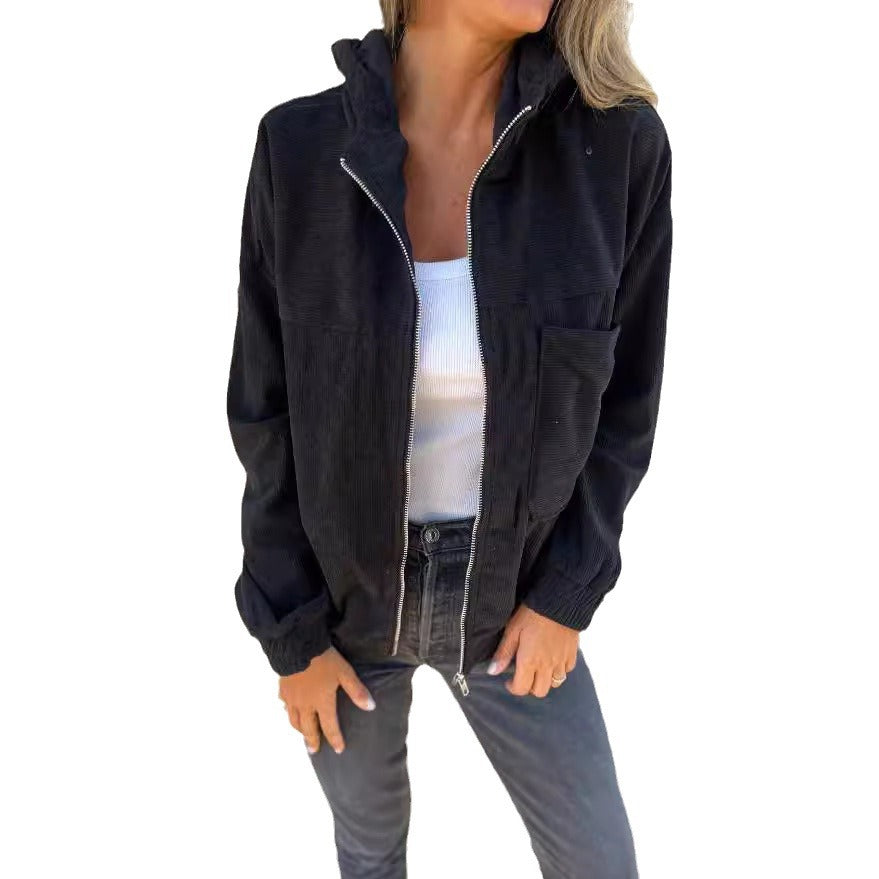 Chaqueta con capucha de pana lisa sencilla para mujer
