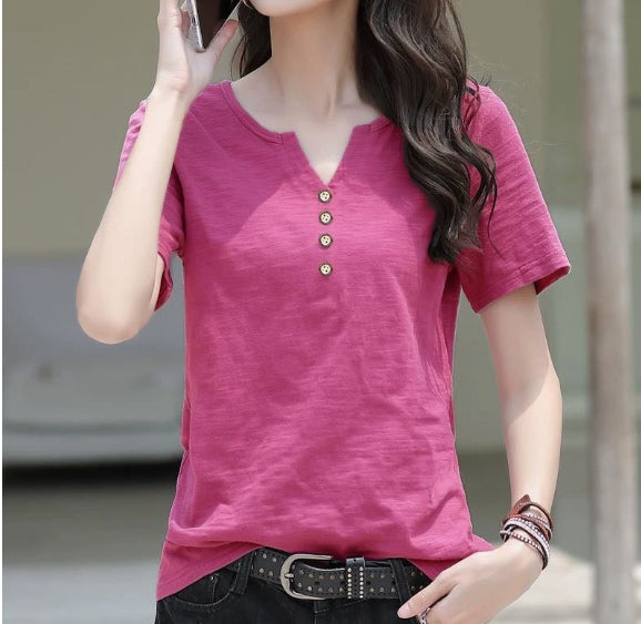 Camiseta de algodón de manga corta para mujer, camisa suelta básica