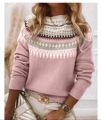 Round neck pink multicolor knit pullover sweater with a patterned yoke; AdTec.