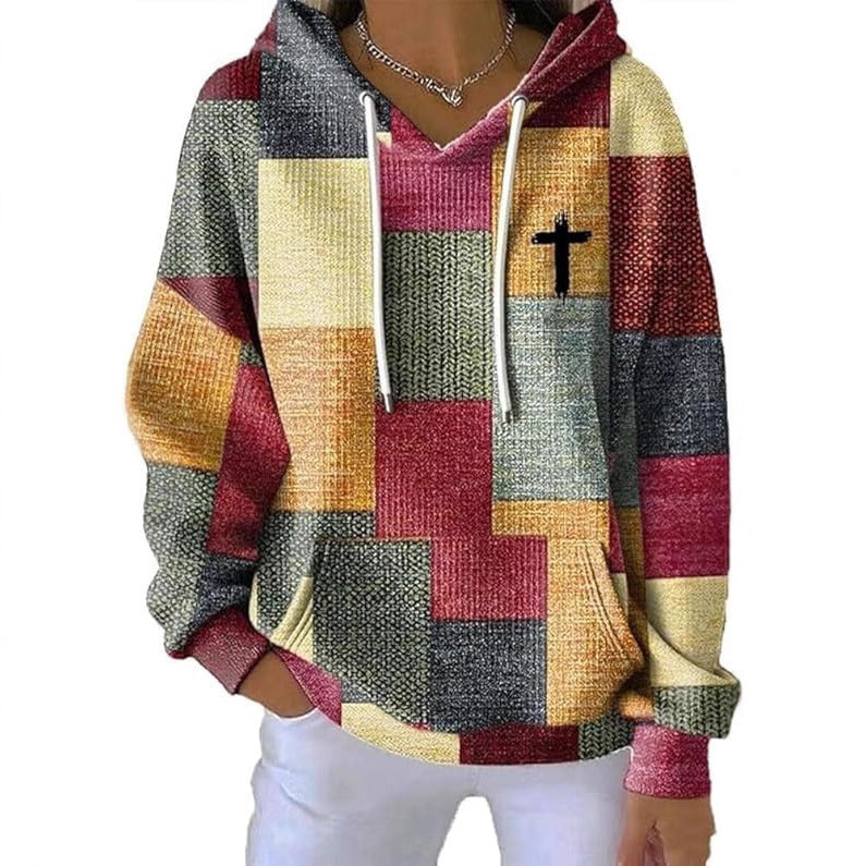 Sweat à capuche décontracté et élégant pour femme avec un motif à carreaux classique
