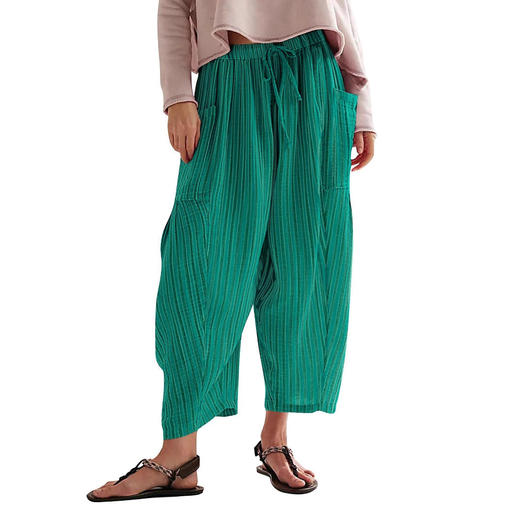 Pantalon plissé rayé à taille élastique coupe droite et longueur cheville