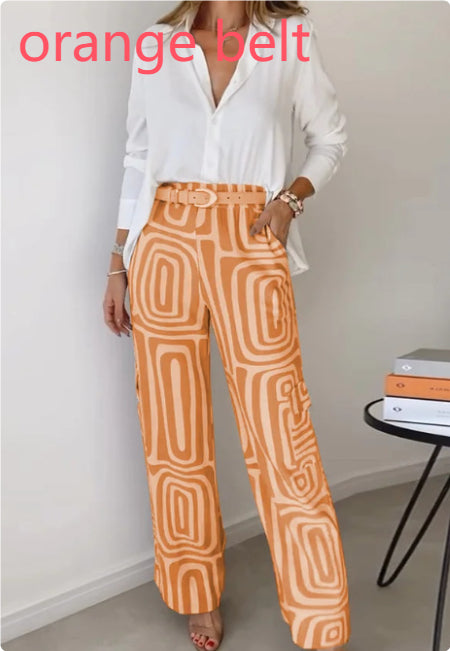 Ensemble Femme Chemise Décontractée à Revers et Manches Longues Imprimée et Pantalon Large