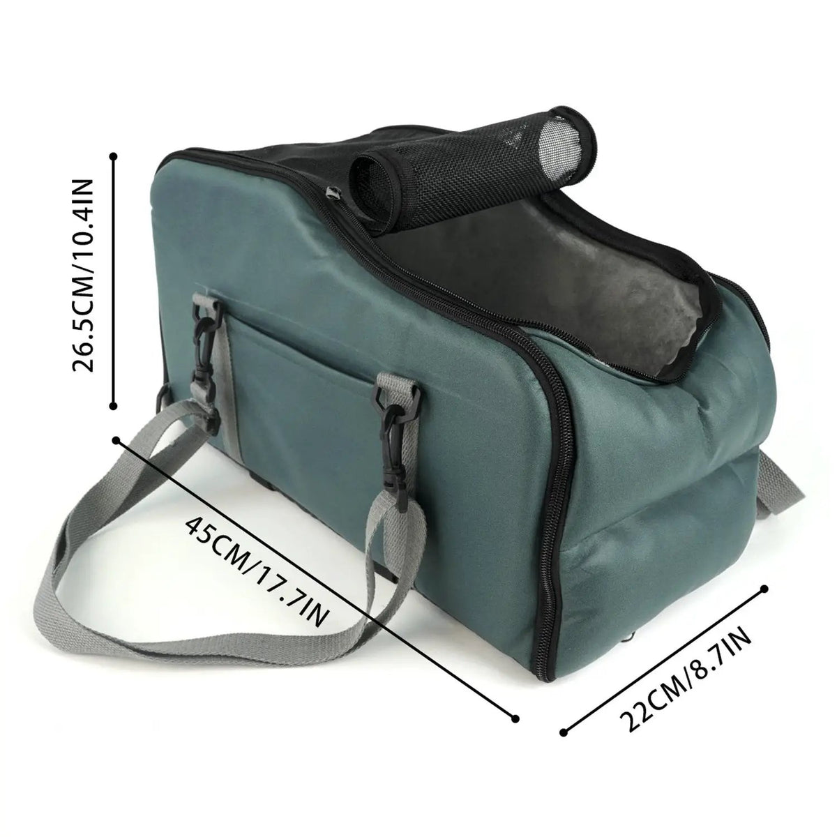 Removable washable car pet kennel mat in teal with gray straps and black zippers