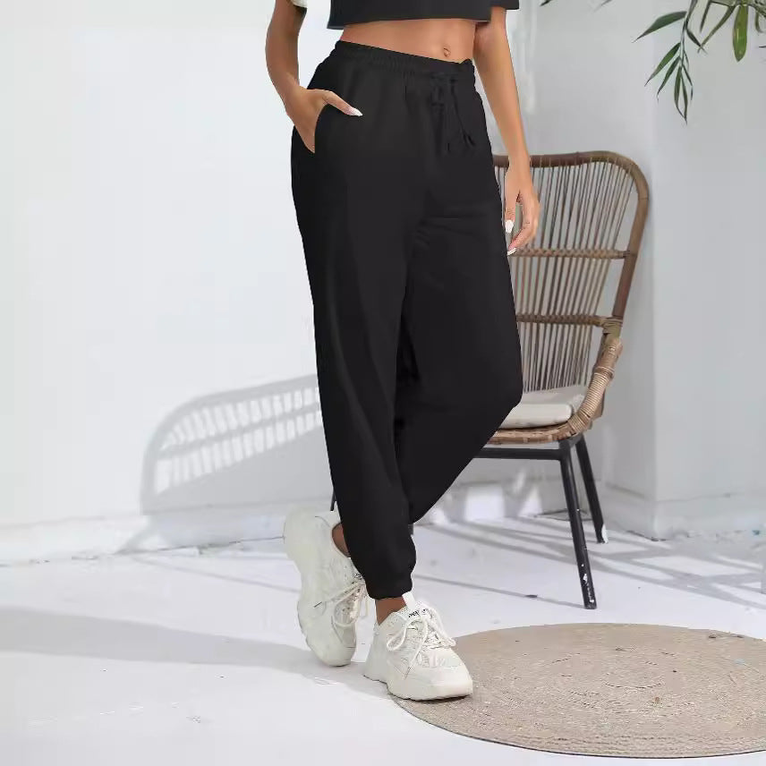 Pantalon de jogging décontracté en molleton uni avec fourrure, taille haute, ample et fuselé, pour la maison