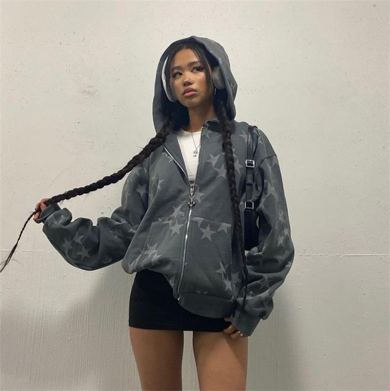 Cardigan à Capuche Zippé Imprimé Étoiles, Vêtement d'Extérieur Tendance pour Couple, Sweat-shirt à Capuche, Manteau Homme Femme Streetwear