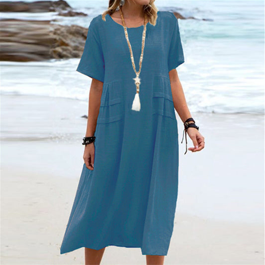 Robe midi ample décontractée d'été pour femmes, en coton et lin respirant, à manches courtes, mi-longue, robe de plage simple pour femmes