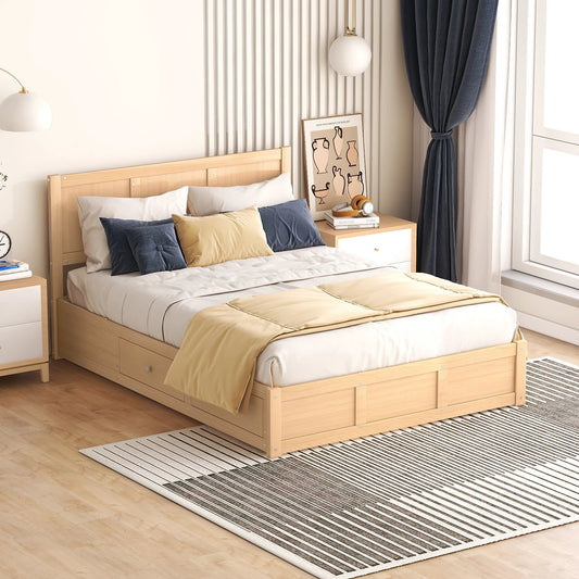 Full Size Wood Platform Bed with Underneath Storage and 2 Drawers Wood Color by eprolo