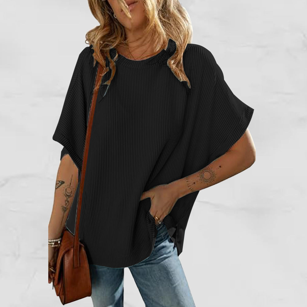 T-shirt en tricot couleur unie pour femme, pull ample et décontracté