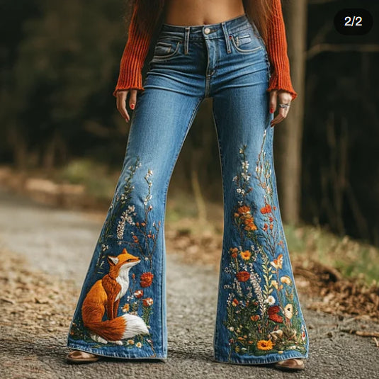 Forest Fox Floral Embroidered Washed Flare Jeans