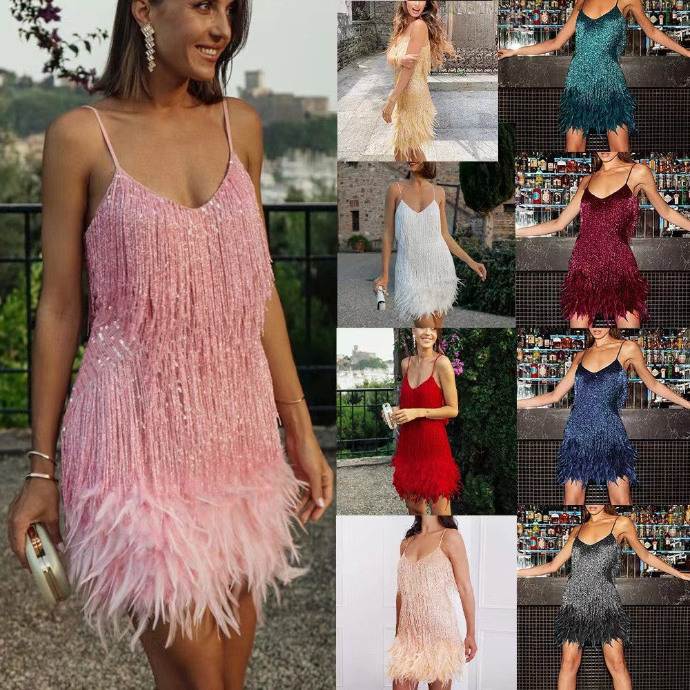 Minivestido sexy con borlas, lentejuelas y plumas para mujer, cuello en V, tirantes finos, costuras, vestidos de noche elegantes para fiestas y clubes