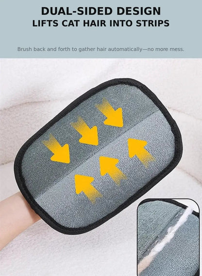 AdTec pet hair removal glove, dual-sided grey fabric with yellow arrows for cat hair removal.