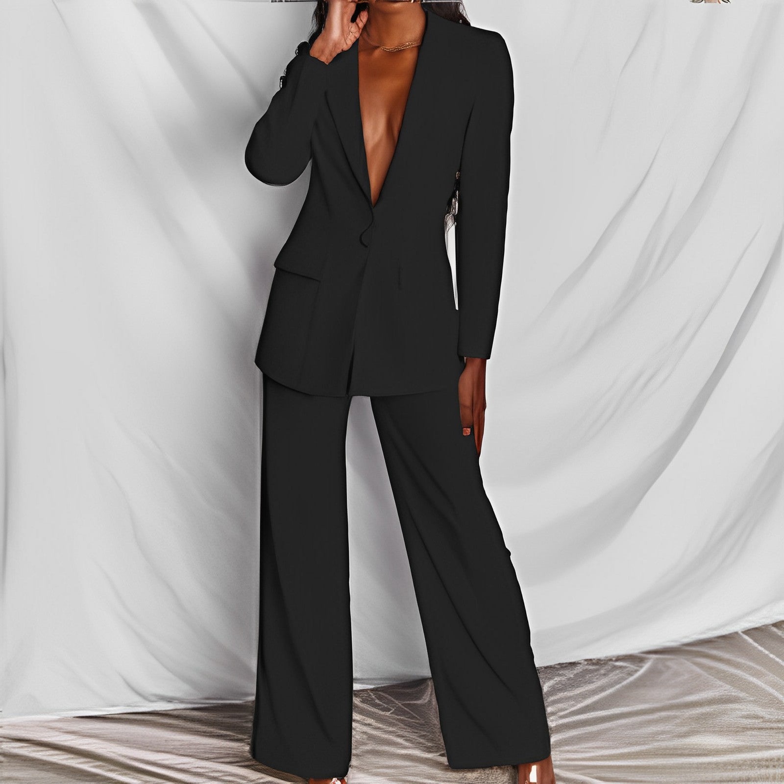 Traje casual de 2 piezas, chaqueta tipo blazer con solapa y botones, y pantalones de pierna recta. Conjunto de ropa de oficina para negocios y traslados.
