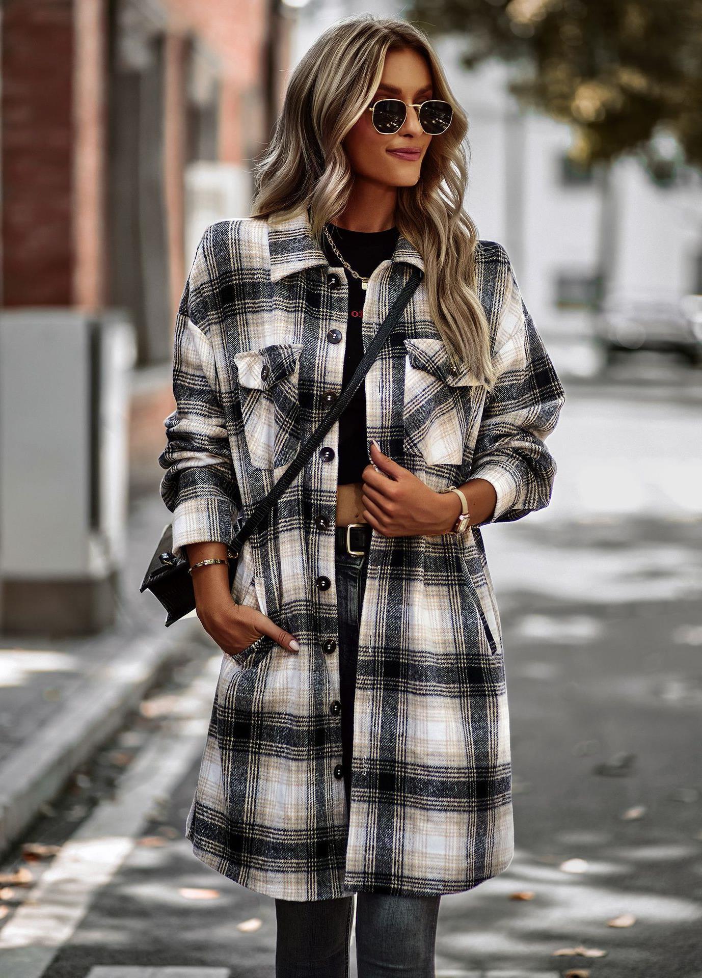 Manteau cardigan long à carreaux pour femme, style décontracté et élégant