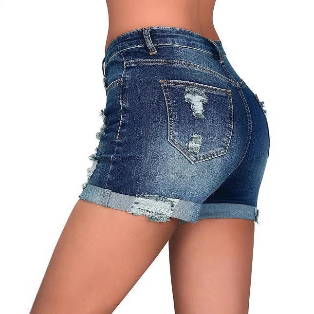 Elastic Hole Rolled Hem High Waist Women's Shorts Streetwear Spicy Girl Denim Pants