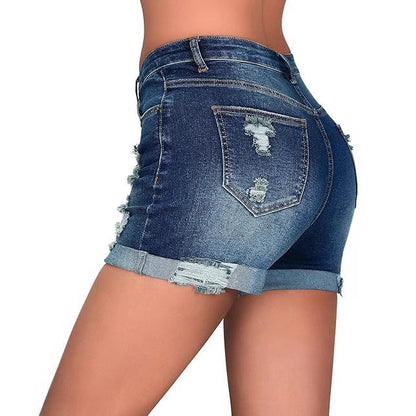 Elastic Hole Rolled Hem High Waist Women's Shorts Streetwear Spicy Girl Denim Pants