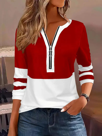 T-shirt à manches longues zippé ample pour femmes, à col en V, avec rayures contrastantes