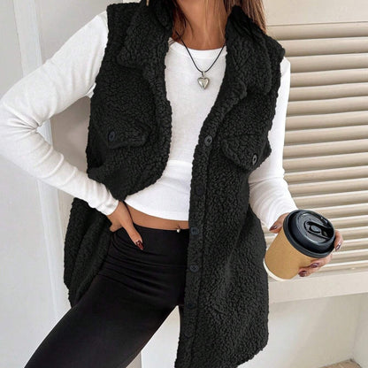 Cardigan gilet peluche ouvert à revers boutonnés