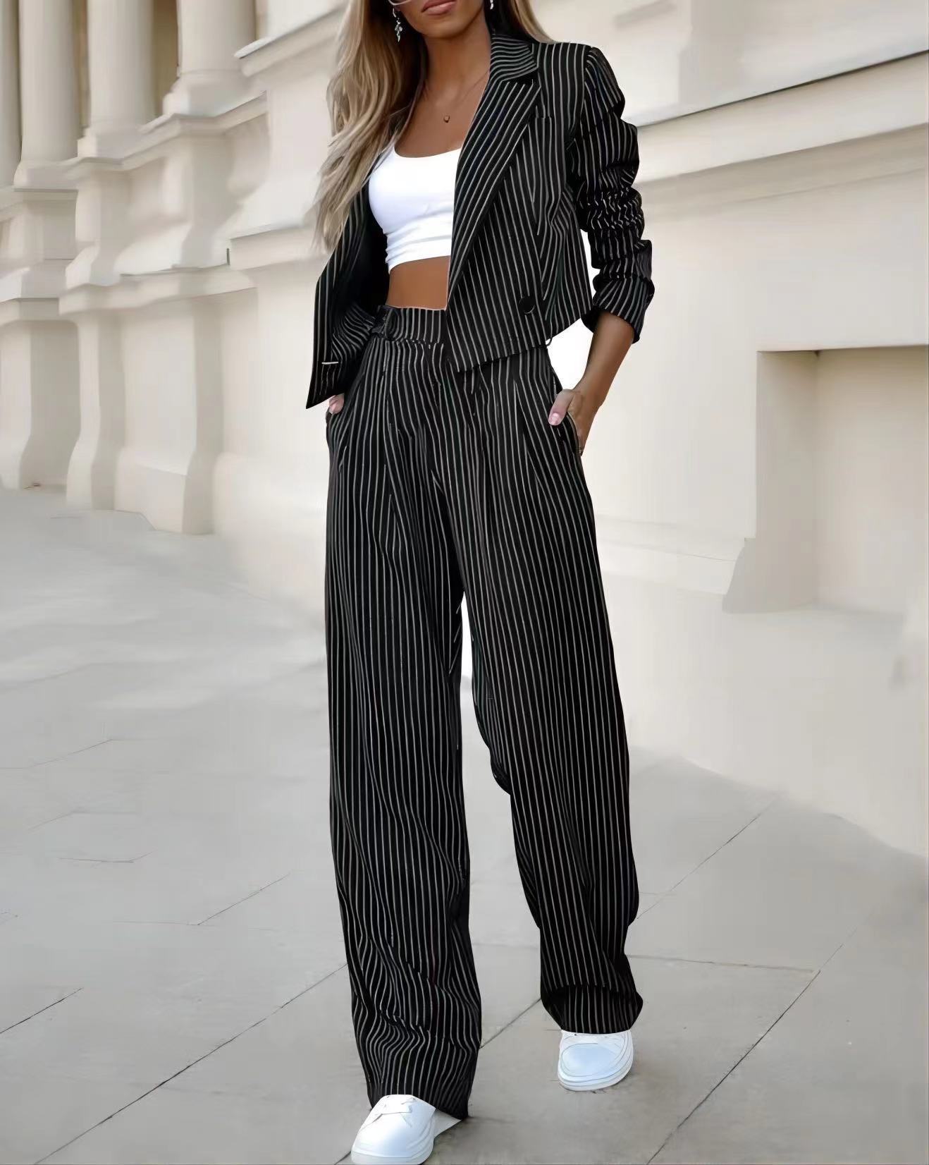Trajes de rayas de moda primaveral para mujer, tops cortos casuales de manga larga con solapa y pantalones rectos, ropa de mujer