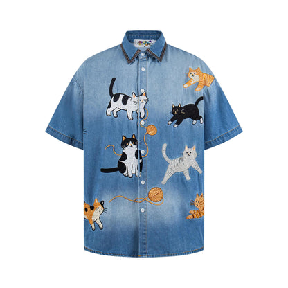 Cat embroidered denim short sleeved shirt