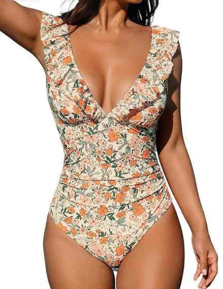 Maillot de bain une pièce pour femme, col en V, à volants, à lacets, multicolore