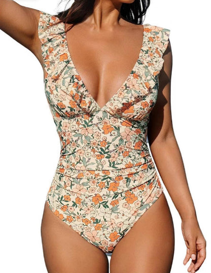 Maillot de bain une pièce pour femme, col en V, à volants, à lacets, multicolore