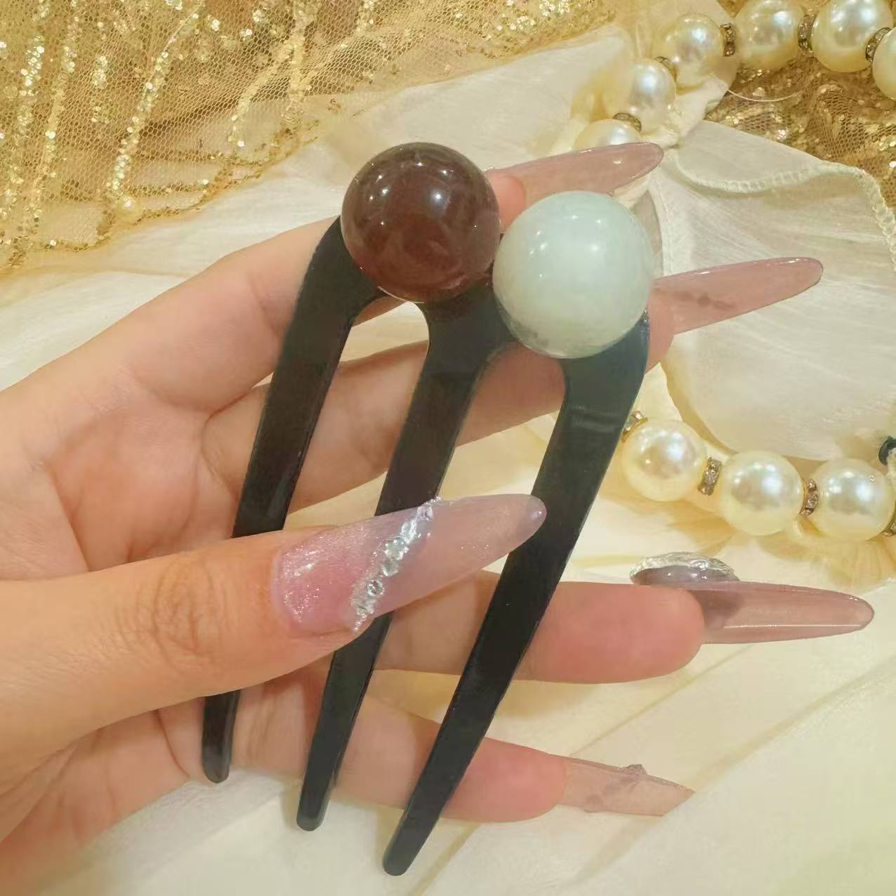 Horquilla de tres dientes con cuentas sencilla, elegante y combinable para mujer