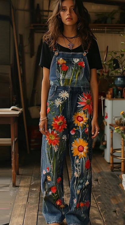 Art Oil Painting Plant Floral Print Jeans Jumpsuit