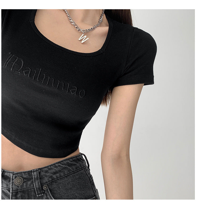 Vintage Letter Embroidery Fitted Bodysuit Square Neck