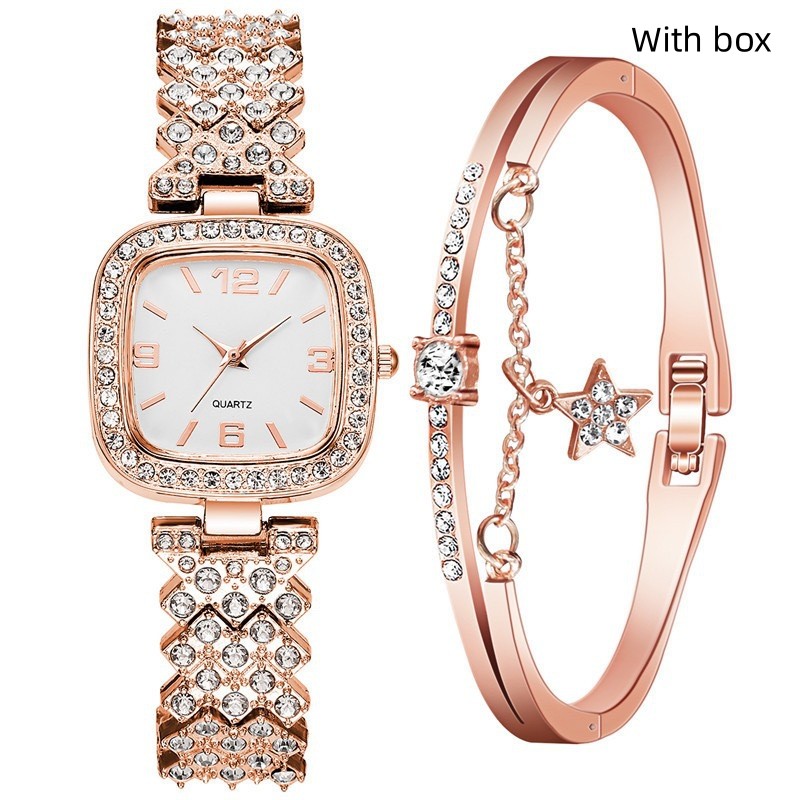 Juego de dos piezas de pulsera y reloj de diamante para mujer