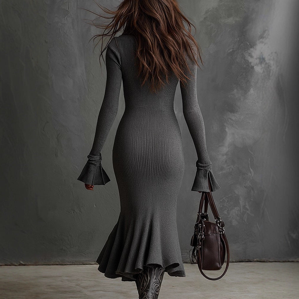 Pleated-collar Flared-sleeve Knitted Mermaid Skirt