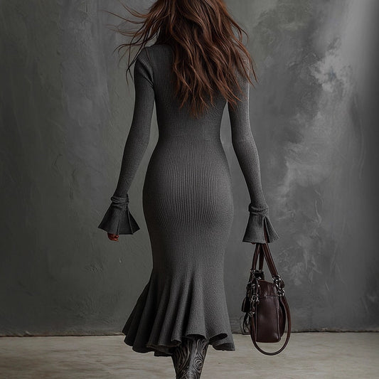 Pleated-collar Flared-sleeve Knitted Mermaid Skirt