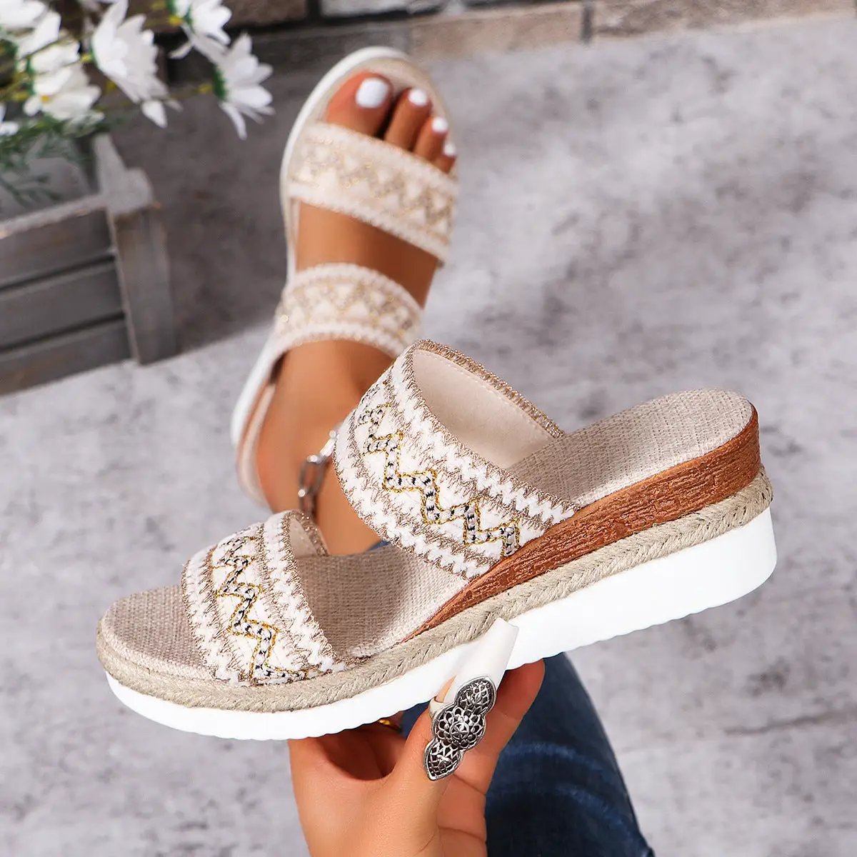 AdTec fashion wavy-pattern woven sandals with linen bottom; beige wide-strap wedges for women