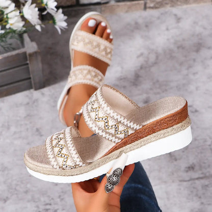 AdTec fashion wavy-pattern woven sandals with linen bottom; beige wide-strap wedges for women