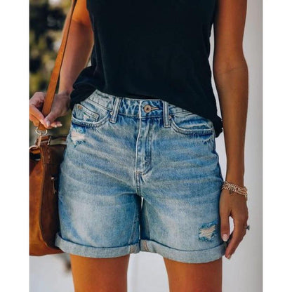 Fashion Street Style Rolled Hem Distressed Straight Leg Women's Denim Shorts by eprolo