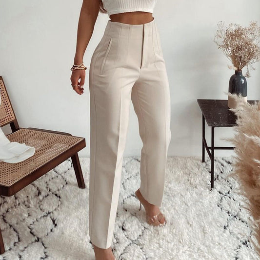 Pantalones Básico Plisados de Talle Alto Ajustados de Color Liso Informales