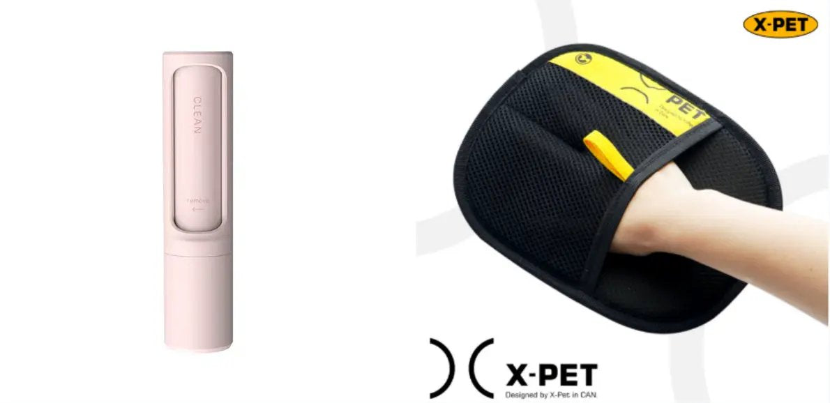 Pink 2-in-1 reusable pet hair remover with self-cleaning brush and black grooming glove, X-PET brand, 2-piece set